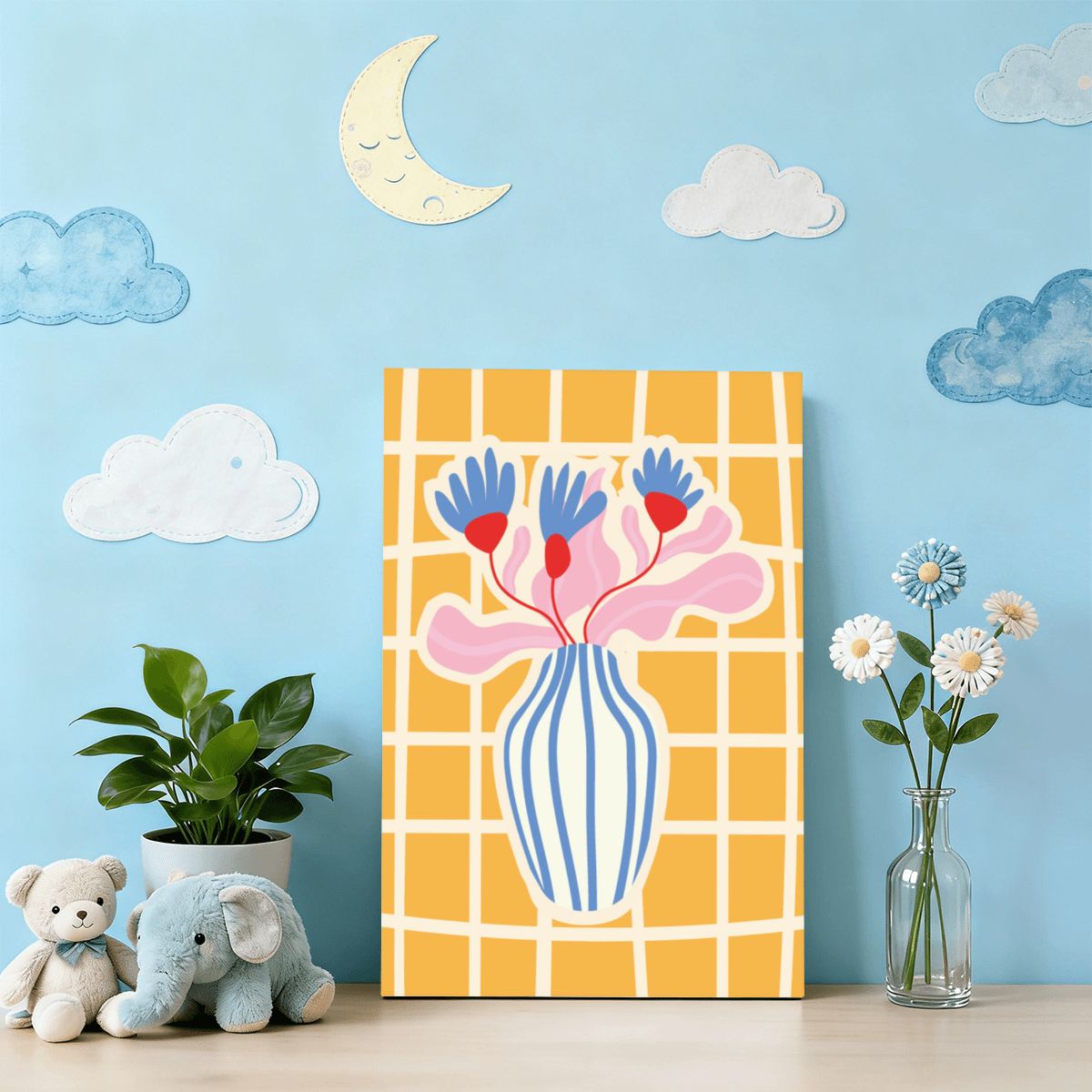 Set of abstract food posters with flowers in a vase lemon fruit - Digital Print
