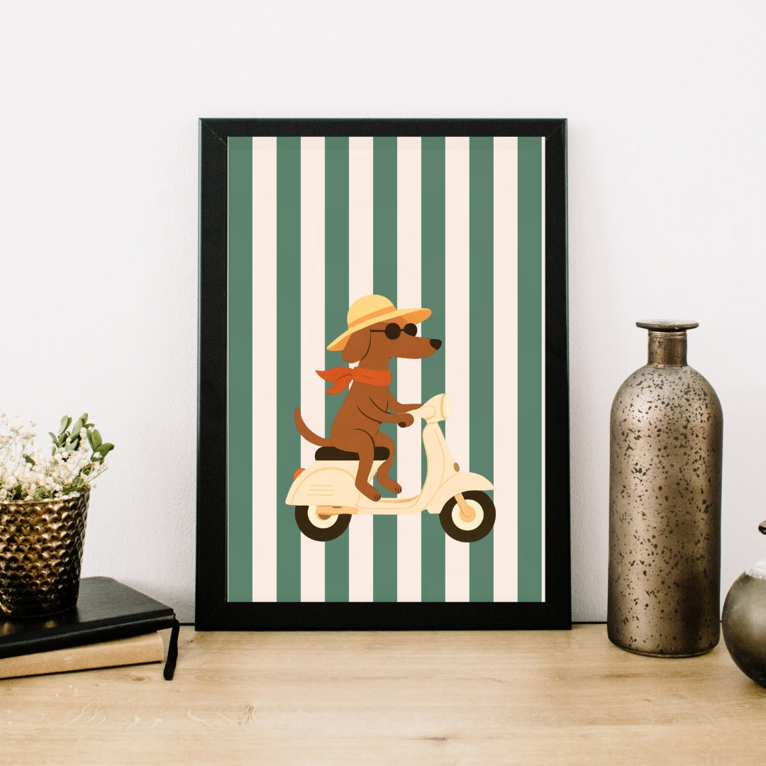 Dog Riding Scooter Print Retro Whimsical Animal Art - Digital Print