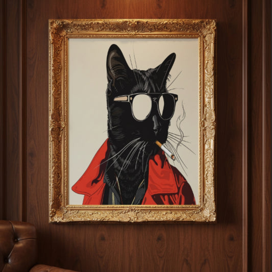 Black Cat Smoking a Cigarette Vintage Poster Art Retro Whimsical Print - Digital Print