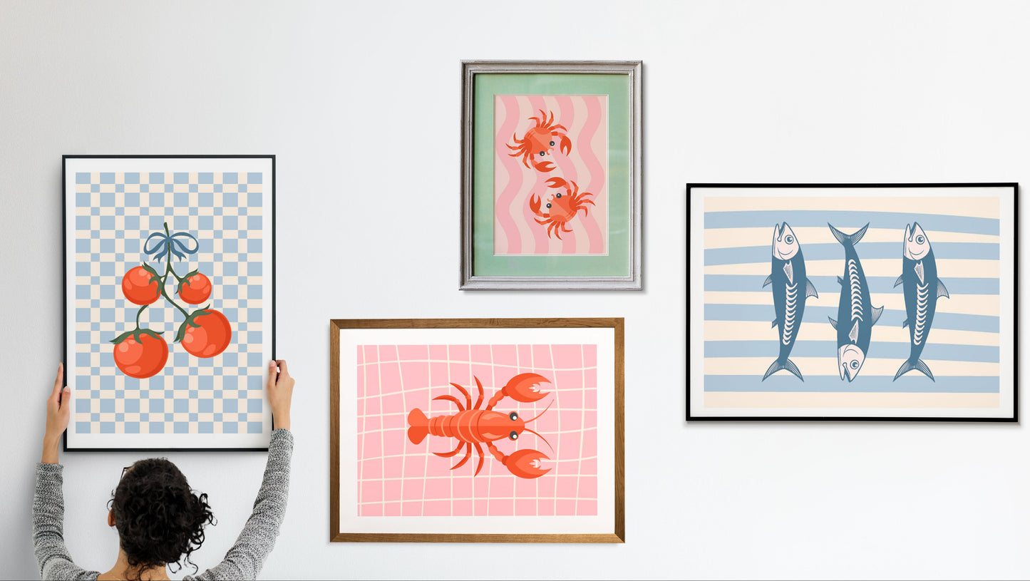 Sea Foot Art Prints, SET OF 4, Seafood Wall Decor, Sardines Print, Dopamine Decor - Digital Print