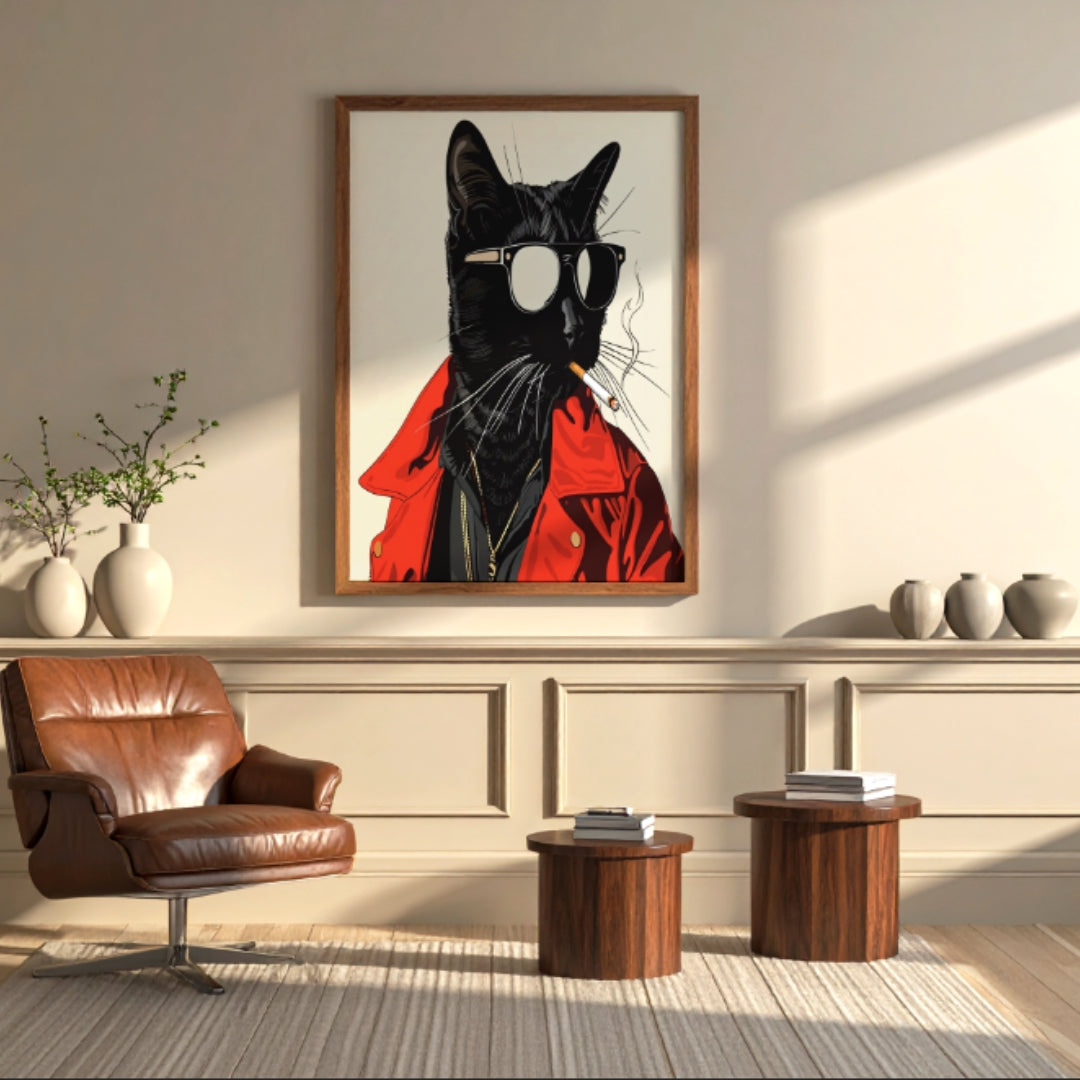 Black Cat Smoking a Cigarette Vintage Poster Art Retro Whimsical Print - Digital Print