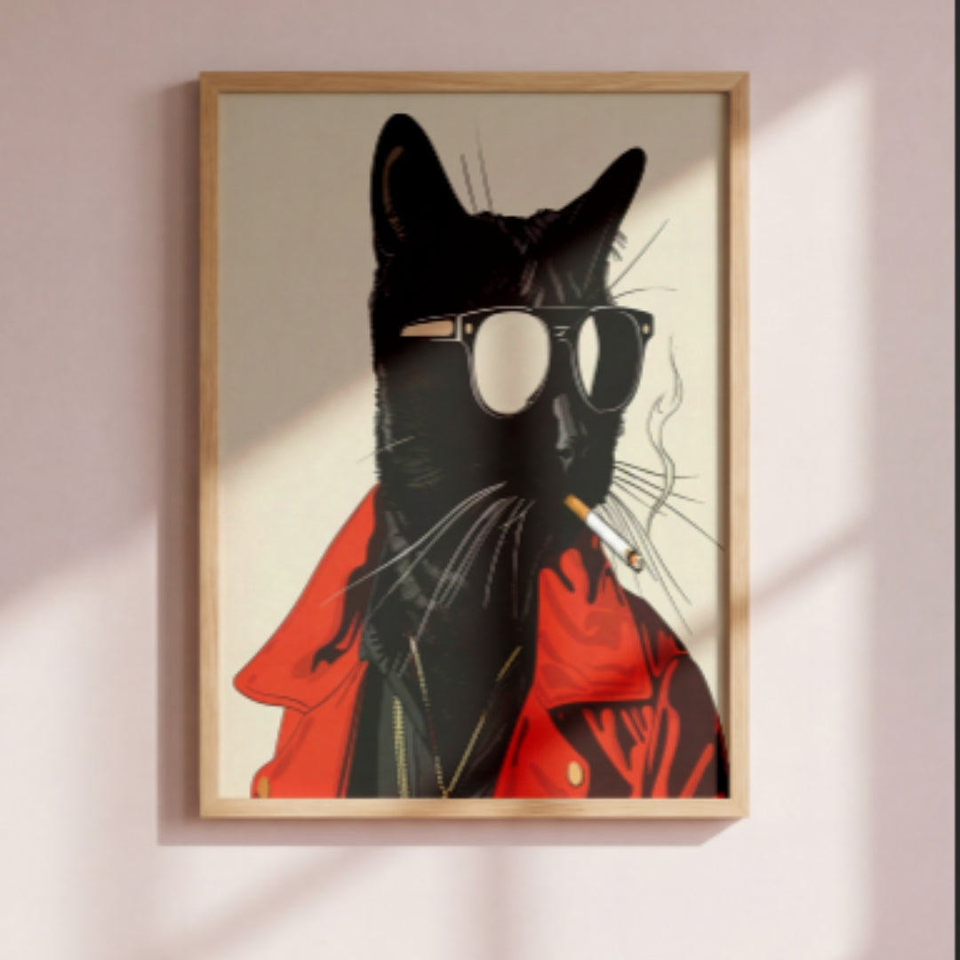 Black Cat Smoking a Cigarette Vintage Poster Art Retro Whimsical Print - Digital Print