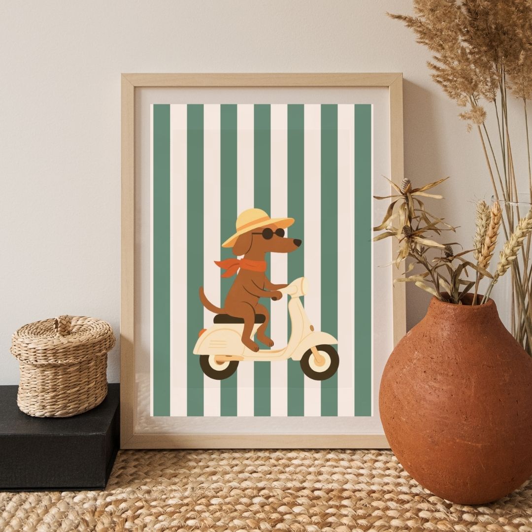 Dog Riding Scooter Print Retro Whimsical Animal Art - Digital Print