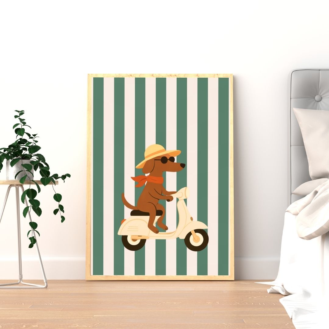Dog Riding Scooter Print Retro Whimsical Animal Art - Digital Print