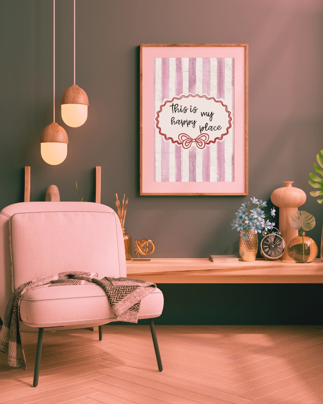 This Is My Happy Place Print, Retro Pink Striped Wall Art - Digital Print