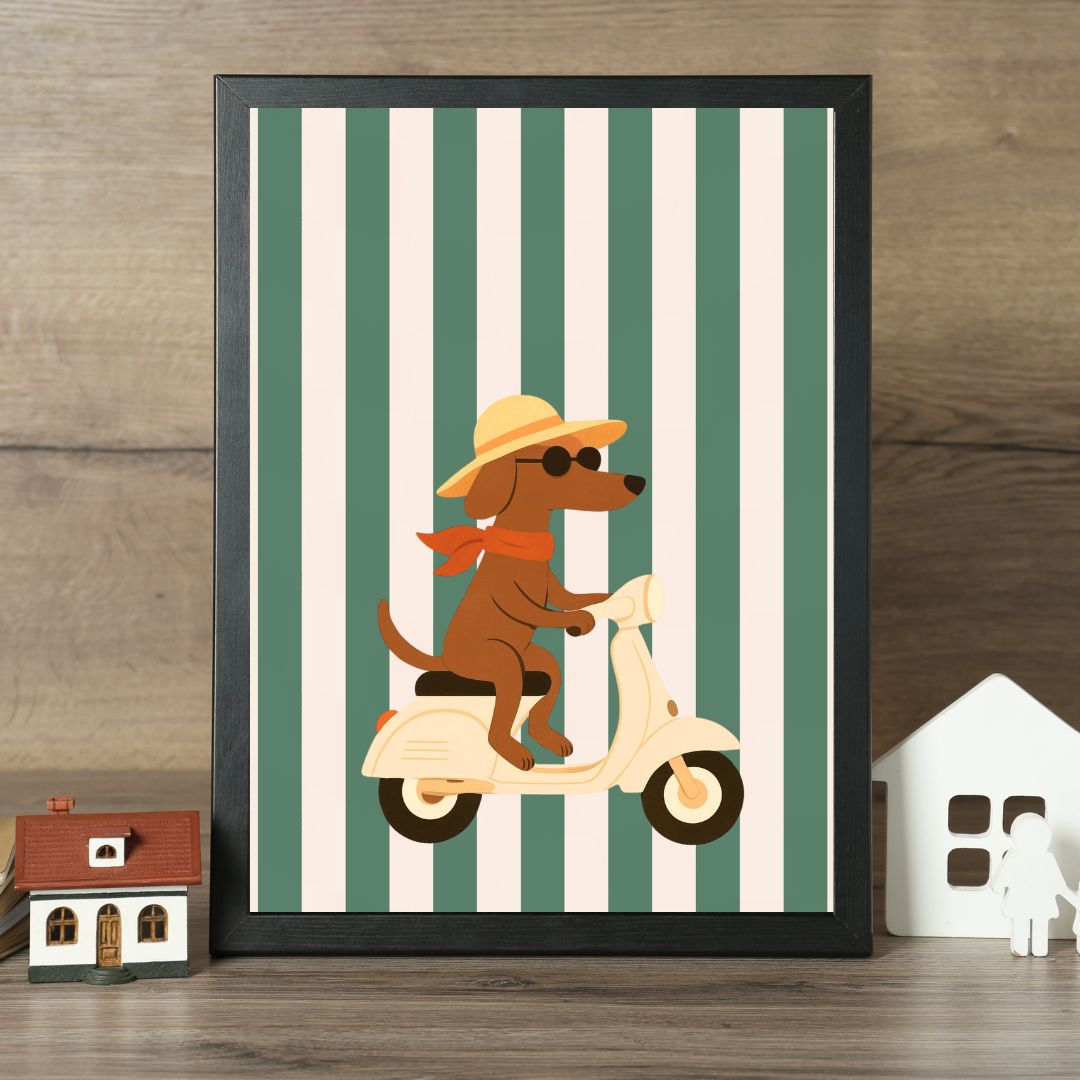Dog Riding Scooter Print Retro Whimsical Animal Art - Digital Print