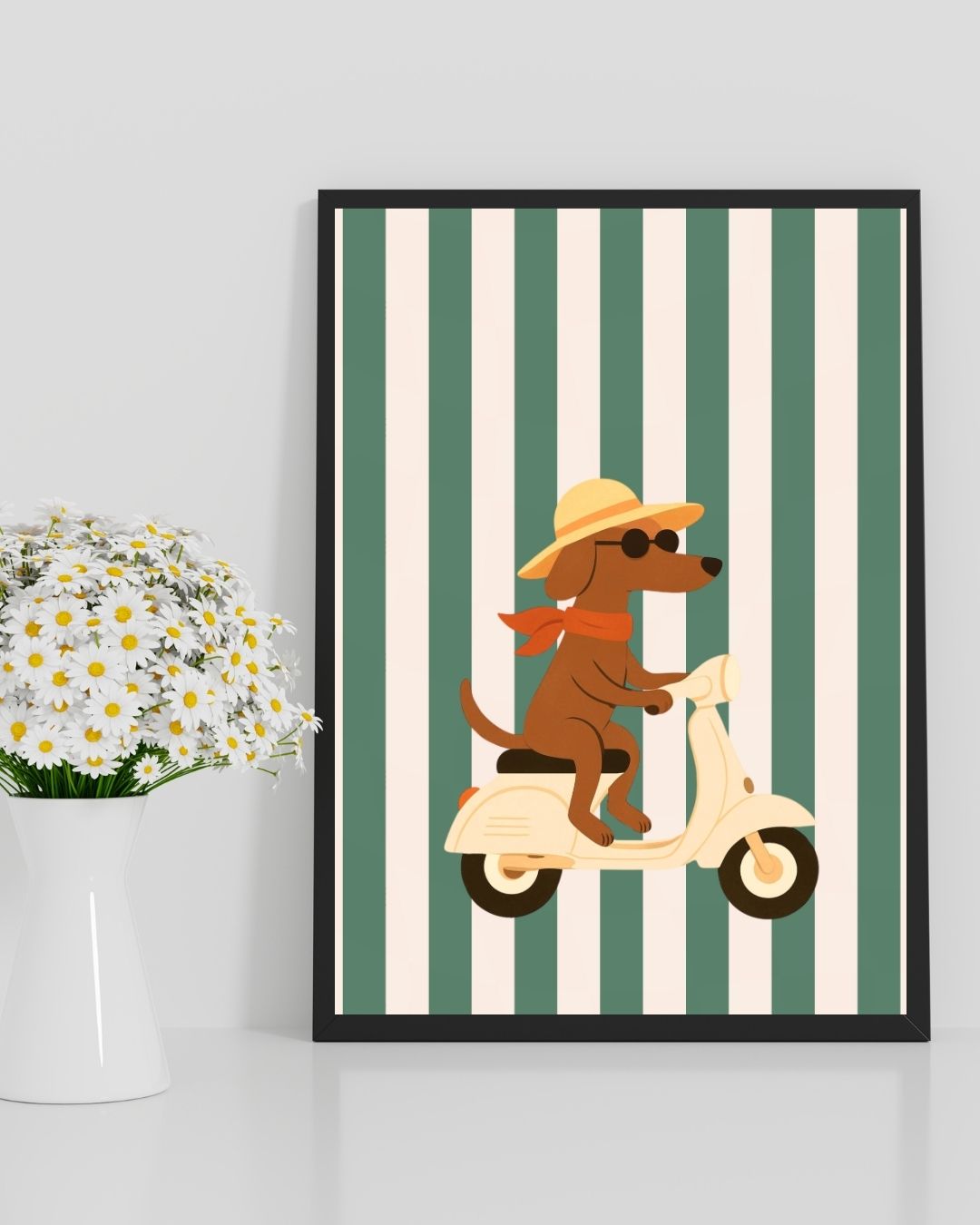 Dog Riding Scooter Print Retro Whimsical Animal Art - Digital Print
