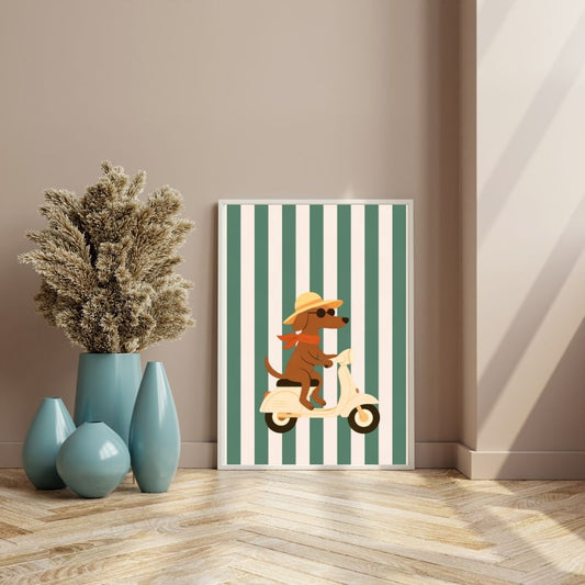 Dog Riding Scooter Print Retro Whimsical Animal Art - Digital Print