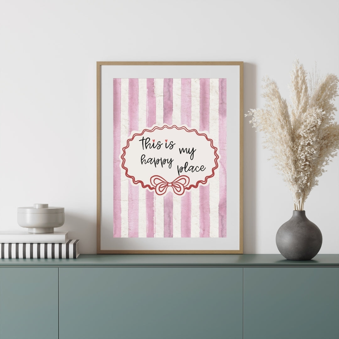 This Is My Happy Place Print, Retro Pink Striped Wall Art - Digital Print