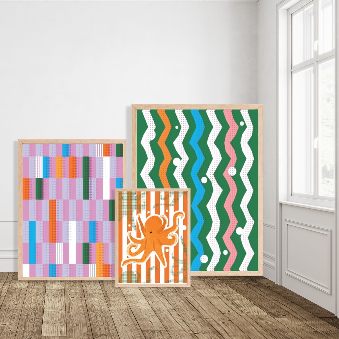 Colorful summer sea life wall art set 4 Hand drawn octopus - Digital Print